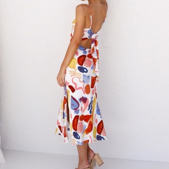 Abstract Paint Print Tie-Back Slip Dress Size Small Cutout Midi Spaghetti Strap - Picture 5 of 6